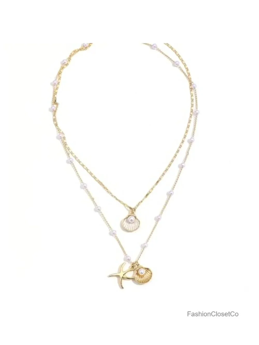 Gold Layered Seashell Necklace Set Boho Pearl Beaded Starfish Charm Chain